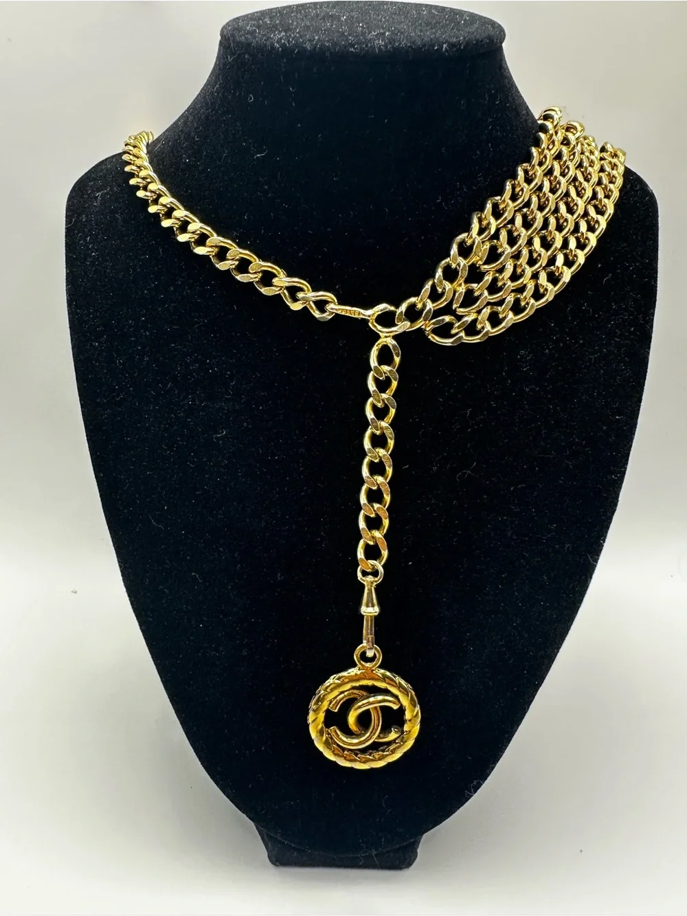 CHANEL Vintage Gold Multi-Strand Chain Lariat Necklace or Belt with CC Pendant